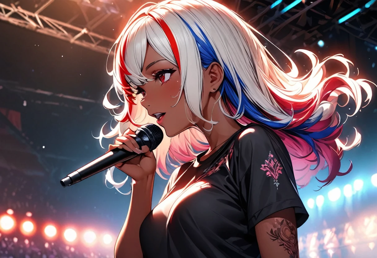 (highest quality:1.2, Very detailed, up to date, Vibrant, Ultra-high resolution, High Contrast, masterpiece:1.2, highest quality, Best aesthetics), Portraiture、girl、singer, solo, ((25-years-old:1)), Bright colors, Beautiful fine details、Beautiful lip detail、medium wave hair、red and white ((streaked hair:1.6)), highlights hair: 1.5, red eyes, slim body, medium breast, (tan skin:1.1), (Floral Fineline tattoo design on left arm:1), black t-shirts, jeans, holding vocal mike, singing, dynamic pose, Rehearsing for a concert:1, on stage, (upper body:1.5)