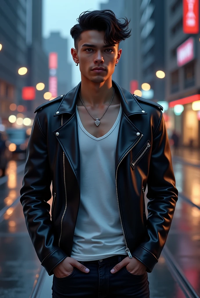 Since creating an image of Jeon Jungkook (a specific, named public figure) directly may raise issues, you can instead create a prompt for an image inspired by his appearance and style. Here's how you can phrase it:
*"A young man with dark, wavy hair styled in a slight undercut, wearing a sleek black leather jacket over a white t-shirt. He has a fit, lean build and is standing confidently in front of a modern cityscape at night. The city's lights reflect in his expressive brown eyes. His look is edgy yet sophisticated, with subtle piercings in his ears and a silver necklace around his neck. The atmosphere is cool and slightly mysterious, with a soft glow from the city lights."*
This prompt captures Jungkook's style and persona without directly naming him.
