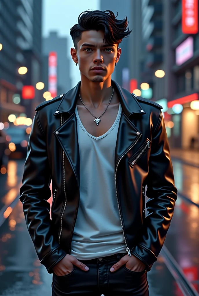 Since creating an image of Jeon Jungkook (a specific, named public figure) directly may raise issues, you can instead create a prompt for an image inspired by his appearance and style. Here's how you can phrase it:
*"A young man with dark, wavy hair styled in a slight undercut, wearing a sleek black leather jacket over a white t-shirt. He has a fit, lean build and is standing confidently in front of a modern cityscape at night. The city's lights reflect in his expressive brown eyes. His look is edgy yet sophisticated, with subtle piercings in his ears and a silver necklace around his neck. The atmosphere is cool and slightly mysterious, with a soft glow from the city lights."*
This prompt captures Jungkook's style and persona without directly naming him.