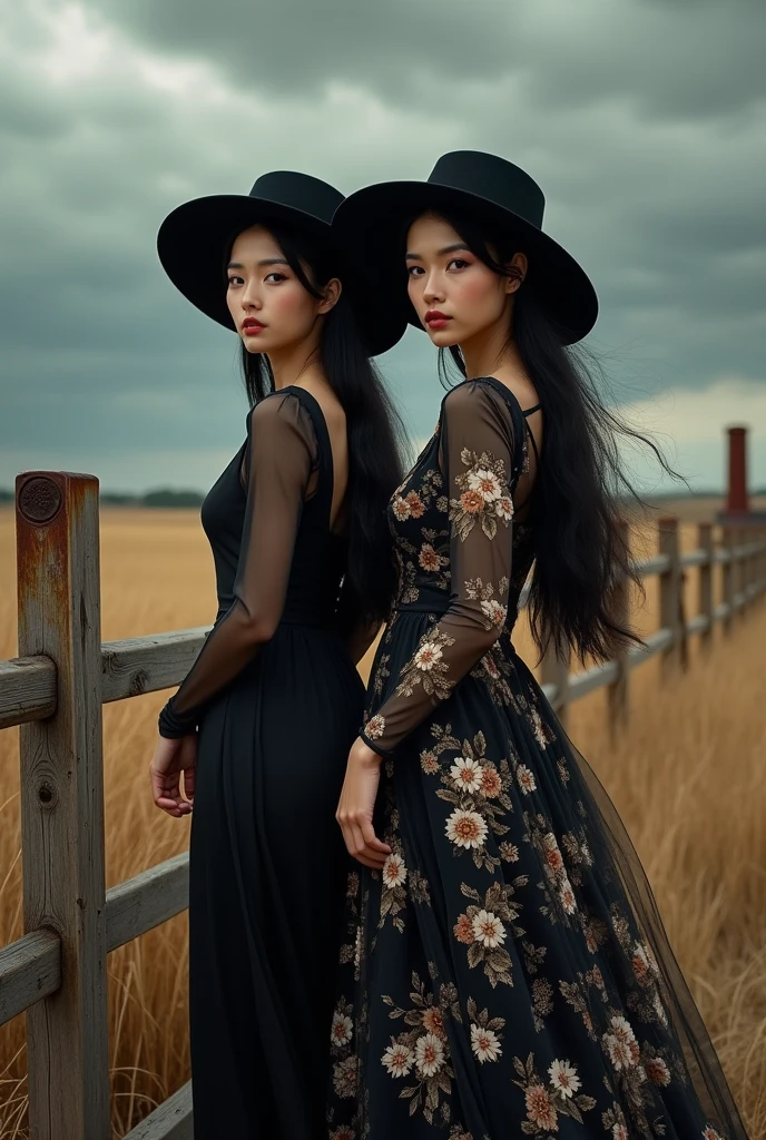 (photorealism:1.2), photo profesional beautiful woman, original photo
original photo of two 34 year old curve Asian women with long black hair, wearing hat,wearing black floral dress, black shoes, walking with savanna background, tall dry wild grass, wooden fence stretching, rusty chimney, dark clouds