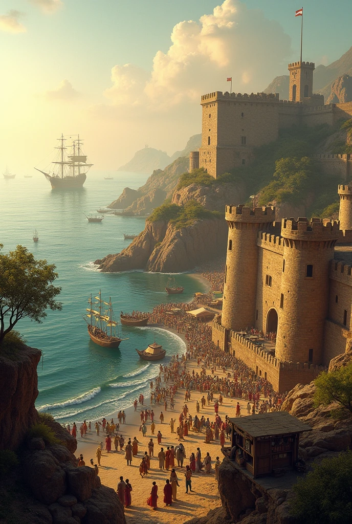 British Forts and Trading Posts Along Indian Coastlines:** A panoramic view of a British fort and trading post along an Indian coastline, with ships anchored nearby and a bustling trading area filled with people of different cultures
