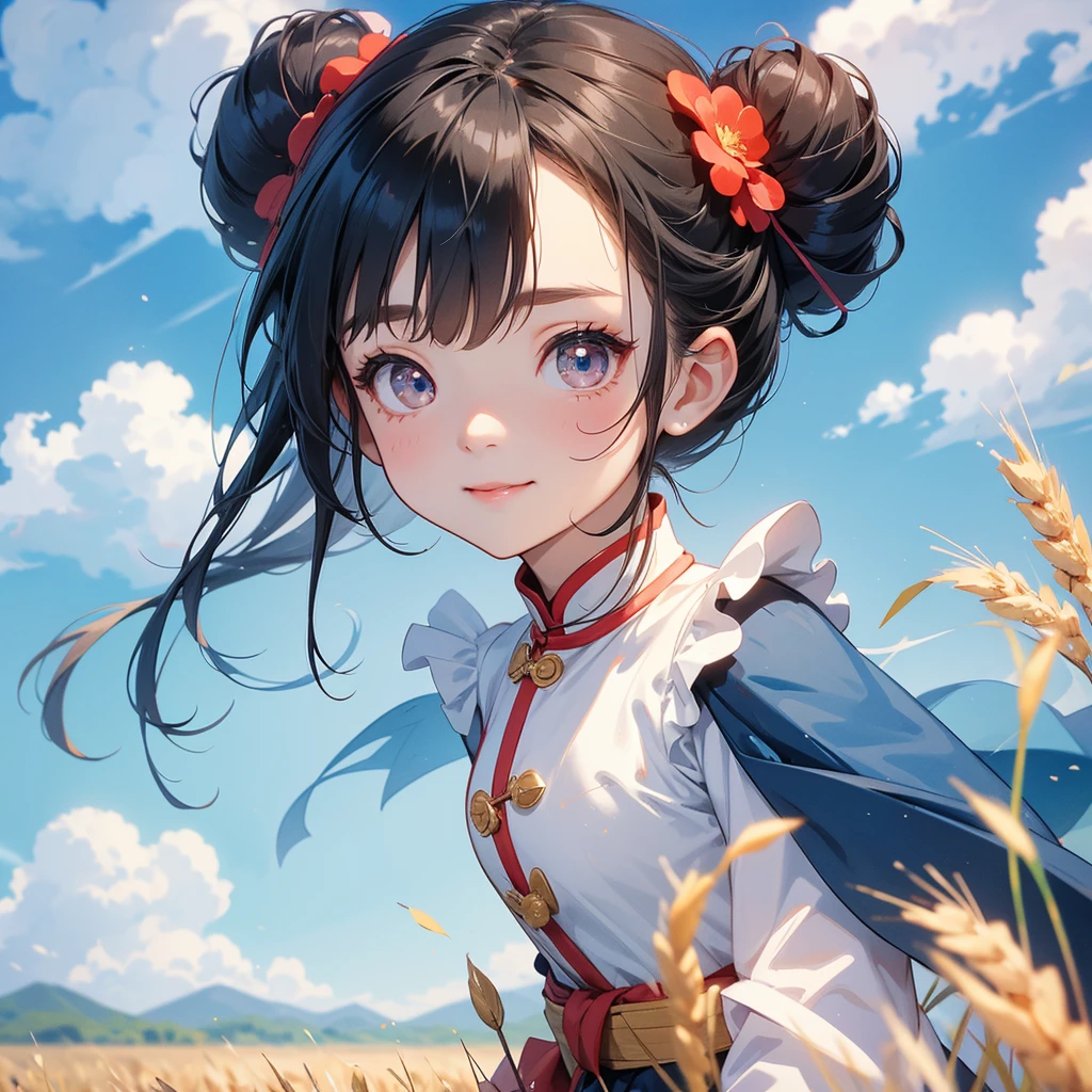 A chibi child girl had a small face and Wearing a little Taoist priest's outfit. A pair of big round eyes shone with curiosity about him. This child was so cute! her hair is black with two buns on her hair.small chibi, chibi baby, smiling ,Chibi.
Standing in the middle of a wheat field, behind which are mountains, there are low clouds floating in the blue sky.