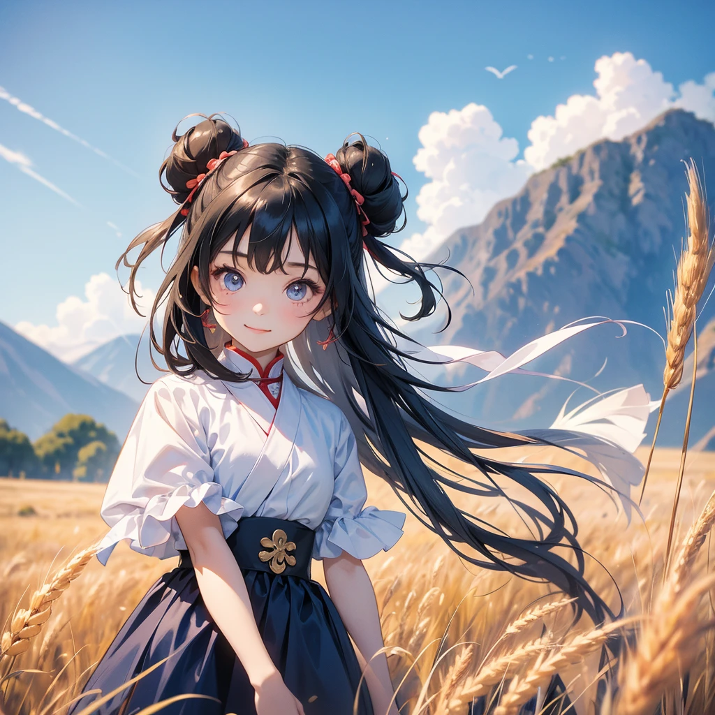 A chibi  girl had a small face and Wearing a little Taoist priest's outfit. A pair of big round eyes shone with curiosity about him. This childso cute! her hair is black with two buns on her hair.small chibi, chibi baby, smil,Chibi. 

Standing in the middle of a wheat field, behind which are mountains, there are low clouds floating in the blue sky.