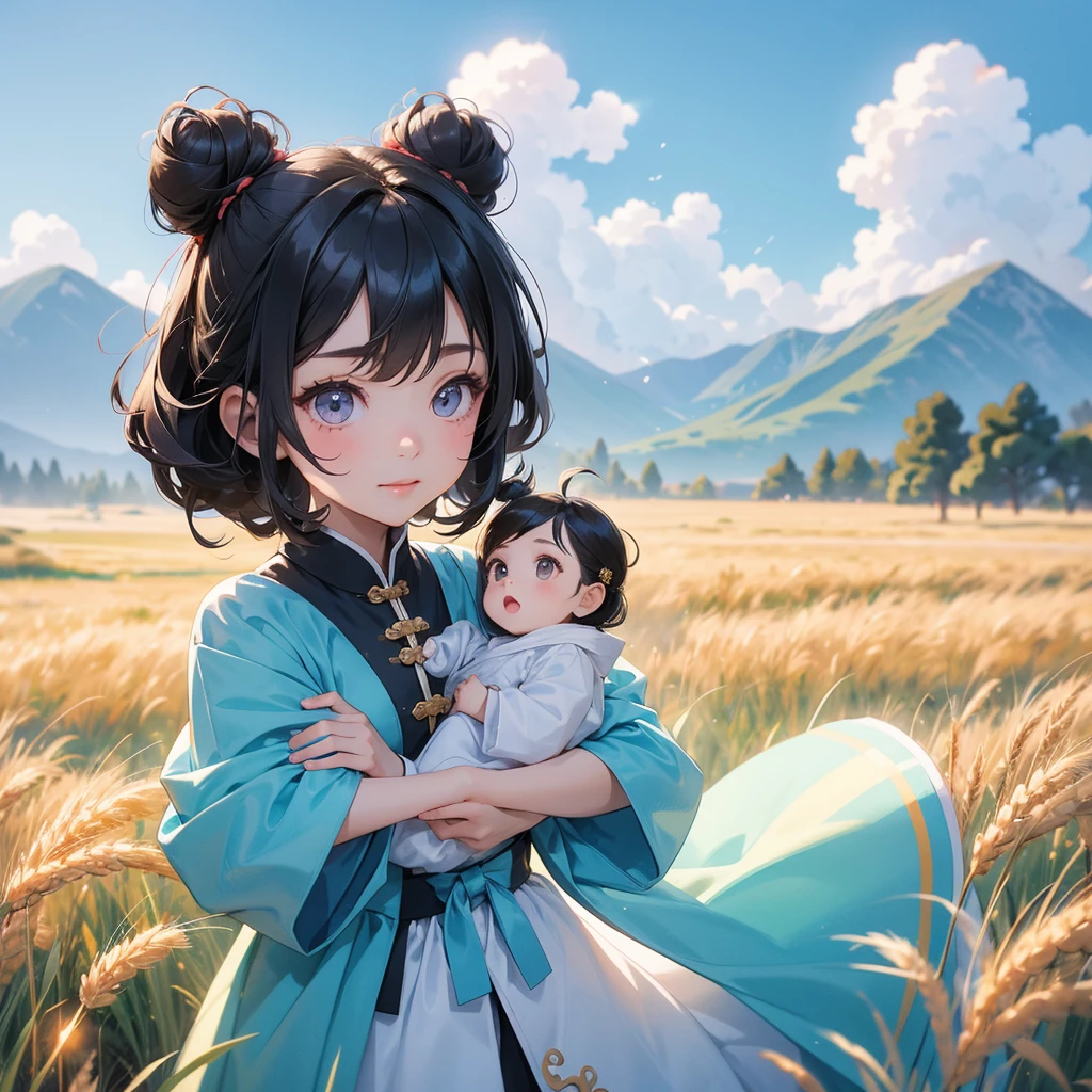 A chibi child girl had a small face and Wearing a little Taoist priest's outfit. A pair of big round eyes shone with curiosity about him. This child was so cute! her hair is black with two buns on her hair.small chibi, chibi baby, smiling ,Chibi.
Standing in the middle of a wheat field, behind which are mountains, there are low clouds floating in the blue sky.