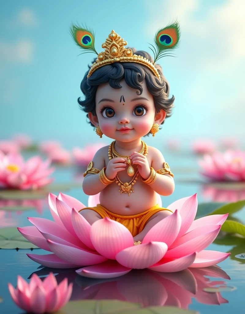 Realistic image of Lord krishna as a 2 year old boy sitting on a pink lotus in a pond, various other pink lotuses seen in the pond, bright blue sky, wearing a golden crown with a peacock feather in it, and holding a flute in his hand
, bright and beautiful image, normal human face and normal human eyes, no animated eyes to be seen, create high quality realistic image, beautiful Landscape, eyes facing straight at the camera, image should ultra clear, hyper realistic, high quality 4k