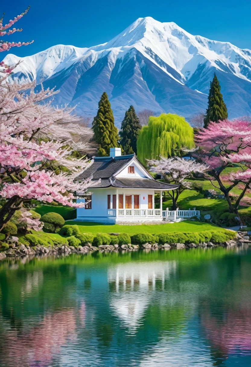 The image is a beautiful landscape of a lake with a small white house on the shore. The lake is surrounded by lush green trees and bushes, and there are pink cherry blossom flowers in full bloom on the left side of the image. In the background, there are snow-capped mountains and a clear blue sky. The overall scene is peaceful and serene, with a sense of serenity and tranquility.