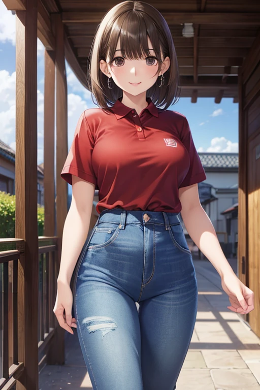 anegasaki nene、Shiny brown hair, short hair, (Beautiful brown eyes、Sparkling eyes, Fine grain)、smile、Ultra-detailed eyes、Highly detailed face, Highly detailed eyes,
masterpiece、High resolution、High resolution、high quality、High resolution、One young woman、short hair、Beautiful Lips、A face of love、Smiling with teeth showing、((Red polo shirt、Denim pants))、、blue sky