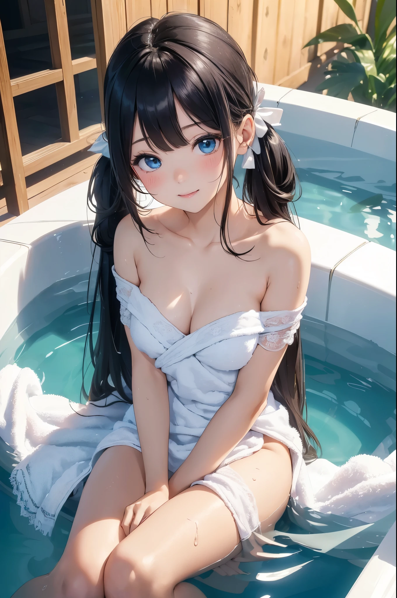 ((masterpiece)), ((highest quality、Ultra high definition)), (Very detailed),((8k、Photo quality))、((Amazingly cute girl))、(****************,)、Two people, , (Beautiful emerald blue eyes), ((smile)),((Ultra-luxury Japanese-style inn in Japan、A large open-air rock bath)), Beautifully arranged black hair in twin tails、Slim Body、(Cute little breasts)、(((A white bath towel is wrapped around her)))、Professional Lighting、(White lace knee-highore detailed and beautiful)、(More details and cutenesore realistic)、((Just wear light clothing))、Frolic in the pool、(Too cute)、(The embodiment of cuteness)、(Godly cuteness)、((Night view))、((It seems visible but it&#39;s not))、