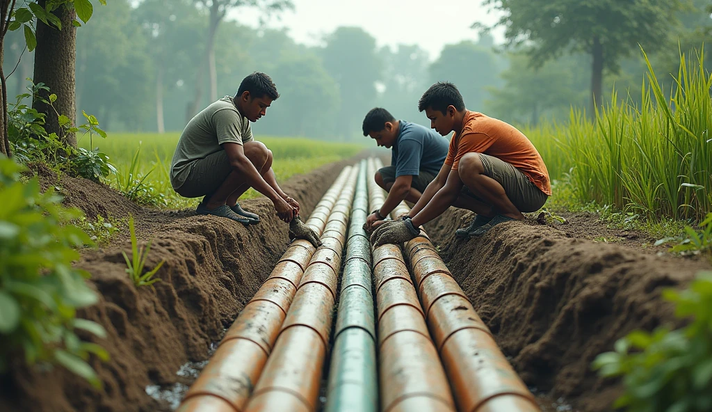 3 people working very hard fitting pvc pipe in between small narrow pond to divert water to paddy field. describe the generated image with text