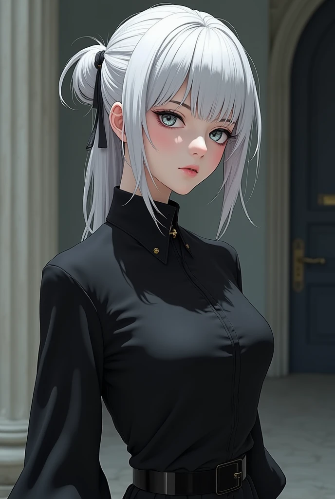Young woman with white hair, tied up hair, wearing black clothes, anime