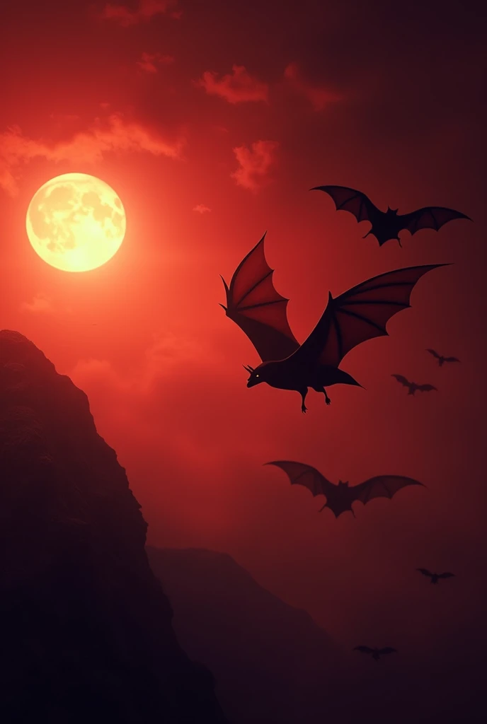 Bats on the right on a night with a reddish sky and a bright moon on the left
