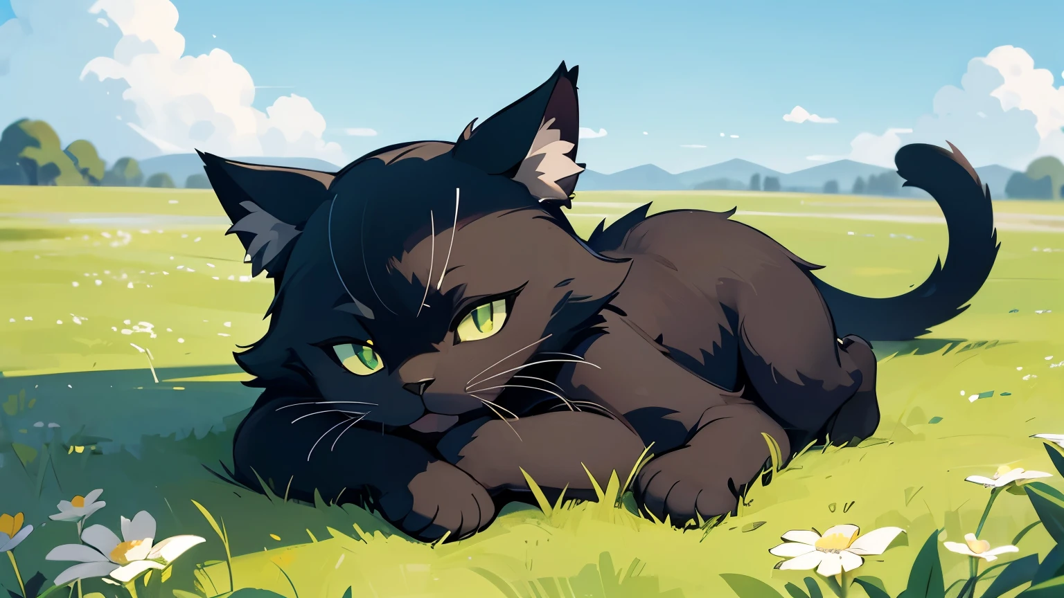 Please create an illustration of a black cat curled up asleep in a vast green meadow. The cat should have a shiny black coat, conveying a sense of peace and relaxation. Position the cat in the center of the scene, with its body rounded and its head resting near its paws. Extend the cat's tail straight out to allow for potential later animation. Include details like vibrant green grass gently swaying in the breeze, a few wildflowers scattered across the field, and a serene backdrop of a blue sky with fluffy white clouds