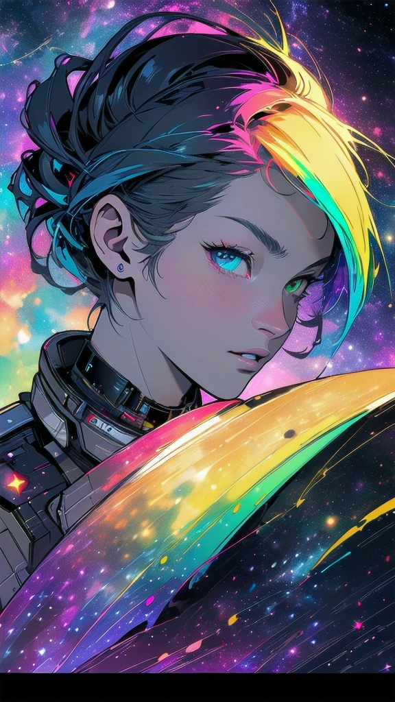 Flat-colored still of a photo of a《bladerunner》filmposter：1 Lady, Starry sky and zodiac signs, Purple hues like nebulae, Vast space, city at the bottom of cyber punk personage, ( Background with:black and yellow Background with1.4), (RHAD:1.2), (artistic décor:1.4), (Retro-Future:1.4), (maximalist:1.4), (Clean:1.4), (Flat_colours:1.4), (cyber punk personage,Android:1.4), CCDDA art style.,... anime girl from a 80s Anime portrayed by hajime sorayama, looking away from the viewer, solemn expression