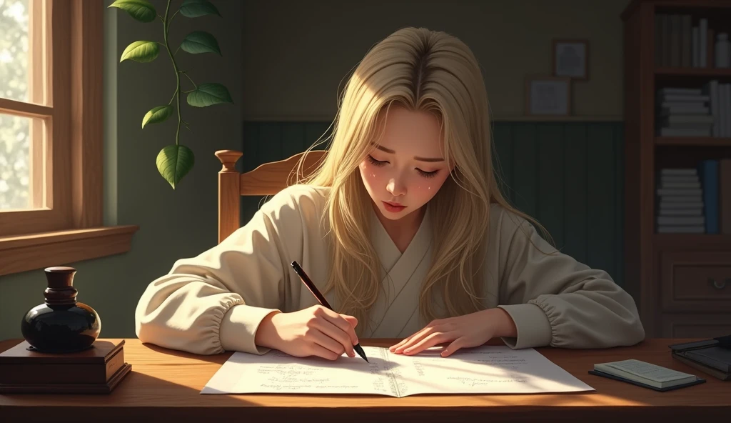 The beautiful Korean woman sits at a writing desk with paper and pen in front of her. Her blonde hair fell softly to the side of her face as she wrote a letter to her lover. Every word he wrote was full of feeling, pouring out all the longing he felt. Tears fell without realizing it, wetting the paper, bearing witness to deep longing.