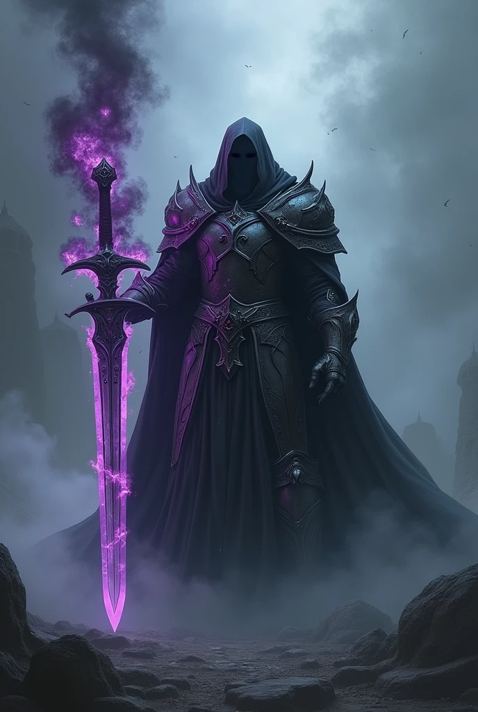 Dark paladin in the fog holdin sword covered in black and purple fire
