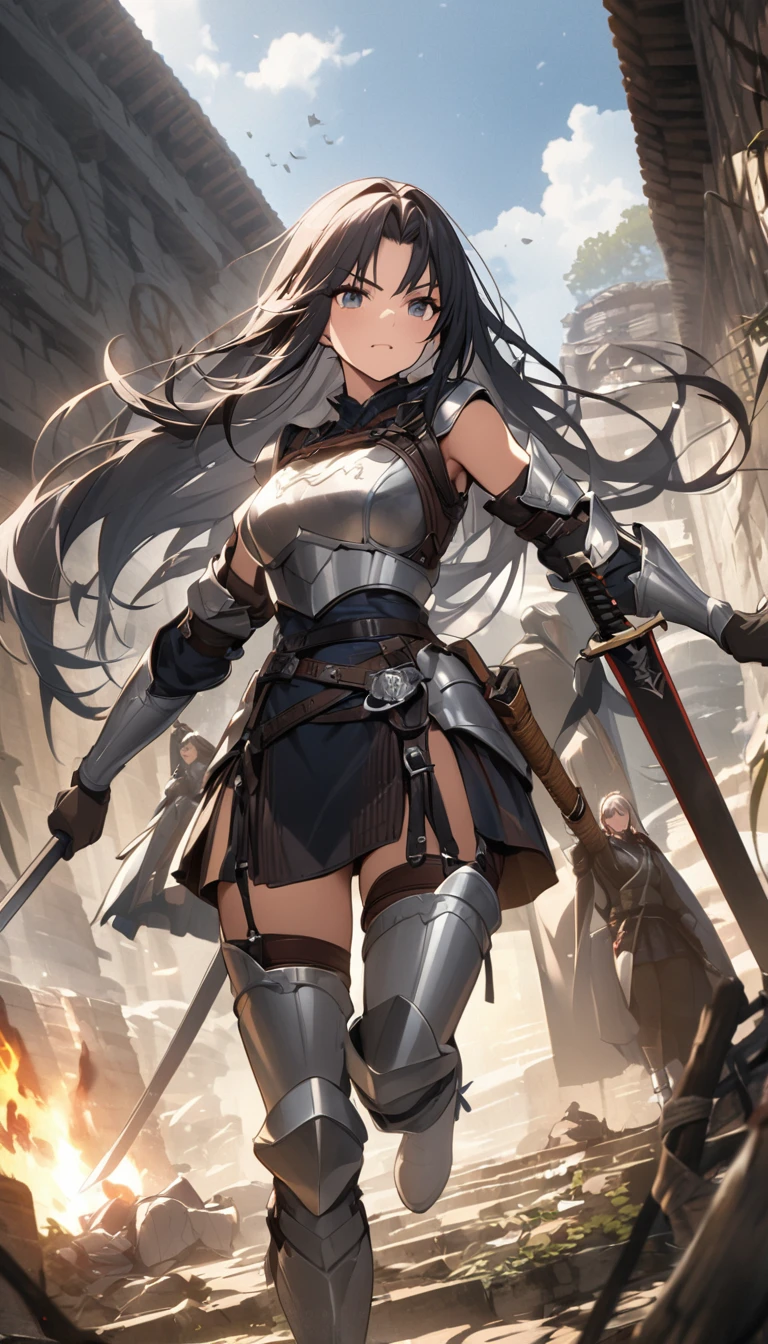 Ultra-high definition image quality、beautiful girl、Woman warrior、Female Swordsman、Light Armor、Silver boots、Long Hair、Knight&#39;s Hair Ornament、Black Hair、20-year-old、Be confident々face、Very short tight skirt、Sexy posture、wilderness、Highest quality,Big Ass、Big Breasts、Thighs、Grab the spear、Gorgeous embroidered lace panties、Joan of Arc style clothing、Her hair is fluttering in the wind、The Sword of Promised Victory、god々Wearing a bright aura、Big Ass、Crotch close-up、Angle from directly below、Squat with your legs apart