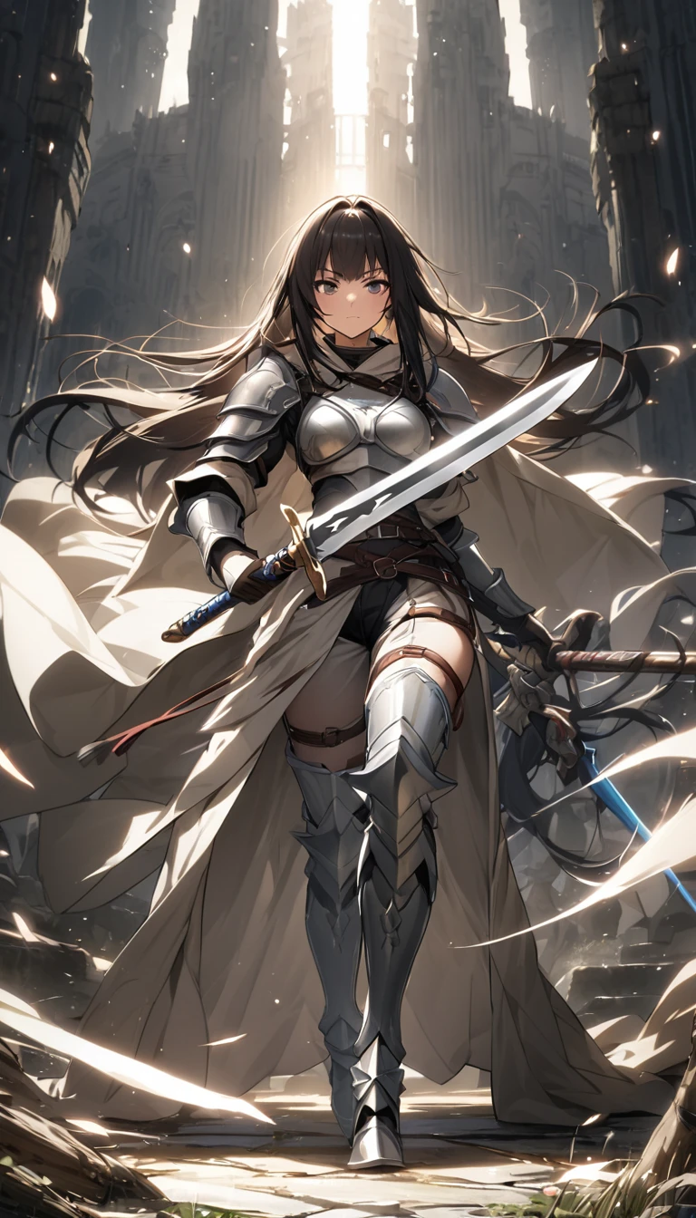 Ultra-high definition image quality、beautiful girl、Woman warrior、Female Swordsman、Light Armor、Silver boots、Long Hair、Knight&#39;s Hair Ornament、Black Hair、20-year-old、Be confident々face、Very short tight skirt、Sexy posture、wilderness、Highest quality,Big Ass、Big Breasts、Thighs、Grab the spear、Gorgeous embroidered lace panties、Joan of Arc style clothing、Her hair is fluttering in the wind、The Sword of Promised Victory、god々Wearing a bright aura、Big Ass、Crotch close-up、Angle from directly below、Squat with your legs apart