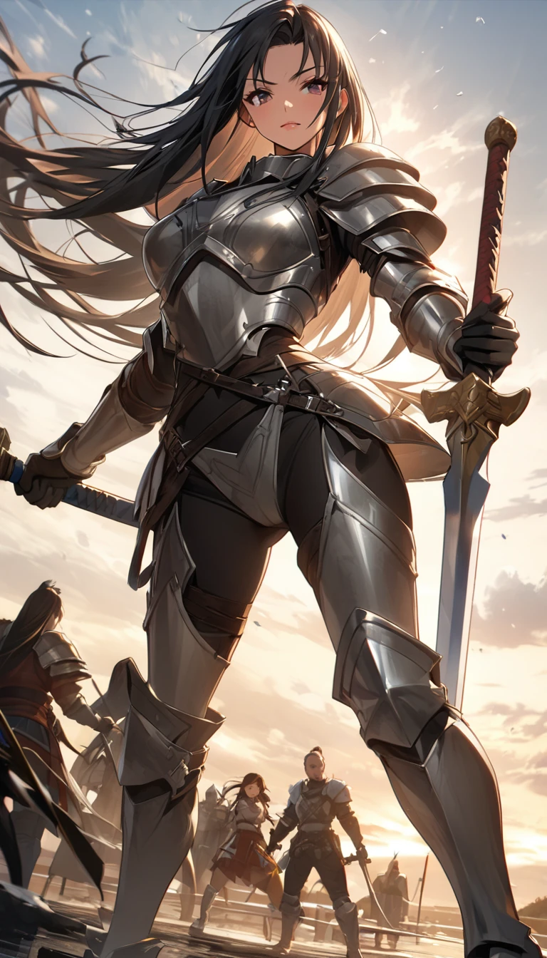 Ultra-high definition image quality、beautiful girl、Woman warrior、Female Swordsman、Light Armor、Silver boots、Long Hair、Knight&#39;s Hair Ornament、Black Hair、20-year-old、Be confident々face、Very short tight skirt、Sexy posture、wilderness、Highest quality,Big Ass、Big Breasts、Thighs、Grab the spear、Gorgeous embroidered lace panties、Joan of Arc style clothing、Her hair is fluttering in the wind、The Sword of Promised Victory、god々Wearing a bright aura、Big Ass、Crotch close-up、Angle from directly below、Squat with your legs apart