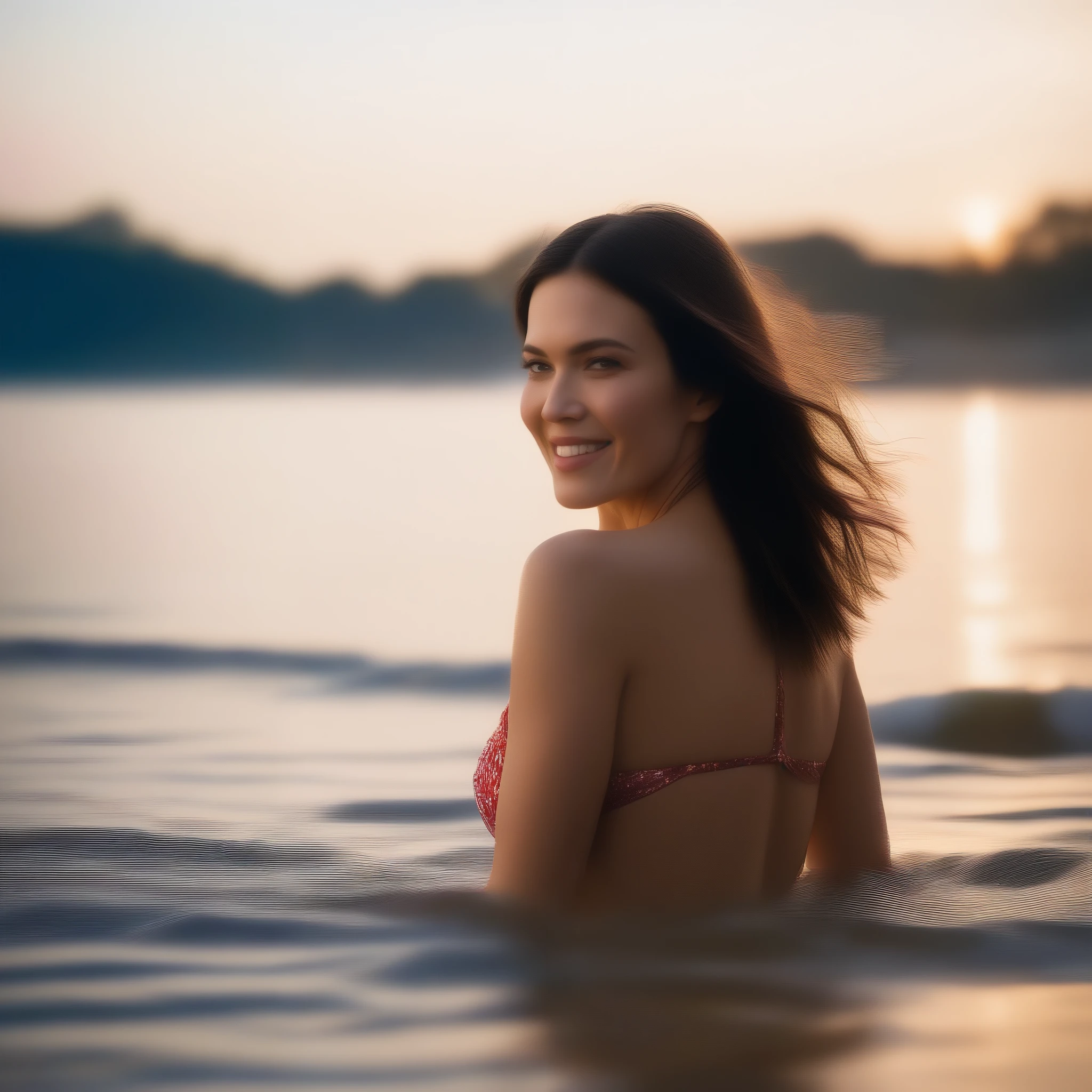 best quality, highres, 8k, masterpiece, photography, Mandy Moore looks glowing, toned, tanned, fit and wet in a bikini emerging from the water at the beach, 40 years old, a girl, long hair, (real skin texture: 1.3), (slender figure: 1.1), bright and shiny lips, (Immersive Ambience, Chiaroscuro: 1.5, Bright Light: 1.2, Glow Lighting), (Bokeh: 1.5), Blurred, delicate facial features, american flag bikini, day, (Fuji colors: 1.5), film grain