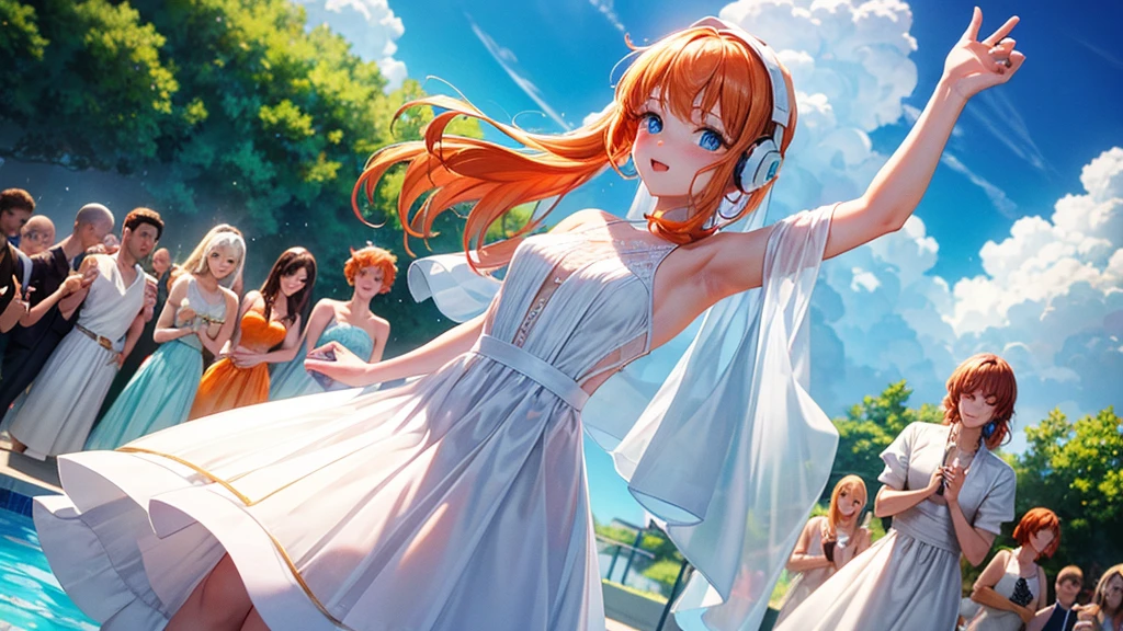 Mid-chest, Wearing a white sheer dress, headphones and holding a microphone, Standing by the pool, Long Orange Hair, Amazing blue eyes, sunny day, blue sky. People dancing in the background々