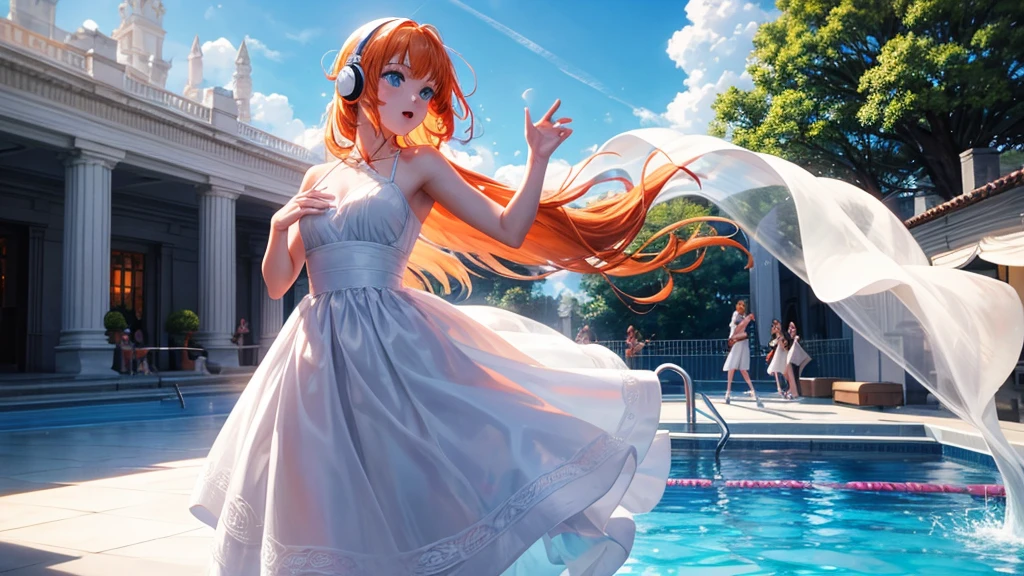 Mid-chest, Wearing a white see-through dress, headphones and a transistor microphone, Standing on the stage by the pool, Long Orange Hair, Amazing blue eyes, sunny day, blue sky. People dancing in the background々