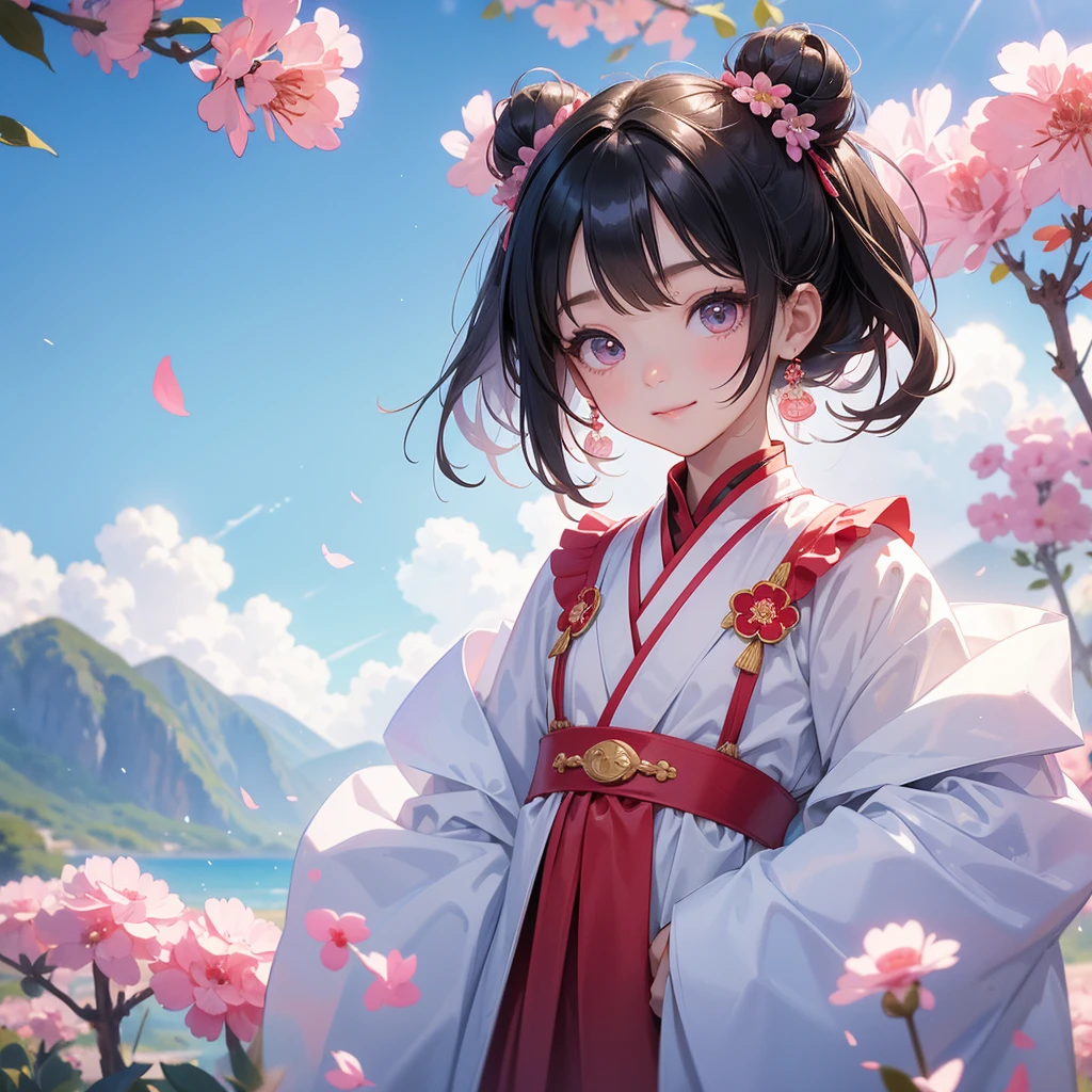 A chibi  girl had a small face and Wearing a little Taoist priest's outfit. A pair of big round eyes shone with curiosity about him. This childso cute! her hair is black with two buns on her hair.small chibi, chibi baby, smil,Chibi. 

Standing in the middle of pink carnations, behind which are mountains, there are low clouds floating in the blue sky.