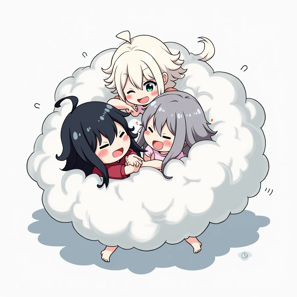An anime-style illustration depicting three cloud-hair girls playfully wrestling with each other inside a comical fight cloud.
each girl has different colored hair: one with black cloud-hair,another with white cloud-hair,and one with gray cloud-hair.
their faces,hands,and feet are visible emerging from the cloud as they tussle humorously, with the rest of their bodies completely hidden inside the cloud.
the illustration emphasizes the humorous and energetic nature of their scuffle,with a fluffy and exaggerated fight cloud.
