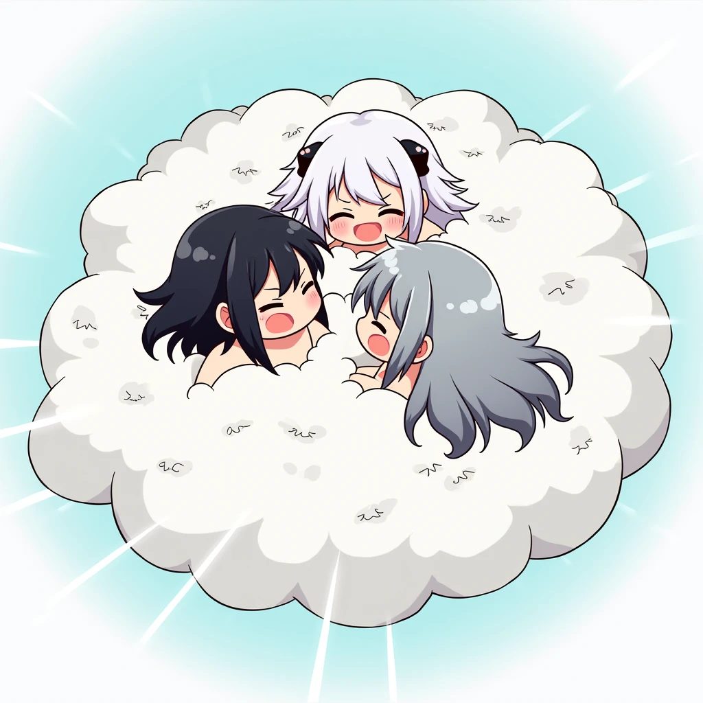 An anime-style illustration depicting three cloud-hair girls playfully wrestling with each other inside a comical fight cloud.
each girl has different colored hair: one with black cloud-hair,another with white cloud-hair,and one with gray cloud-hair.
their faces,hands,and feet are visible emerging from the cloud as they tussle humorously, with the rest of their bodies completely hidden inside the cloud.
the illustration emphasizes the humorous and energetic nature of their scuffle,with a fluffy and exaggerated fight cloud.