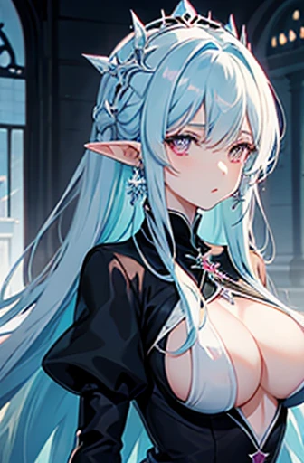 Anime, woman, long hair, pale blue hair, pink eyes, gently, earrings, big boob, wearing a black dress, beautiful, elegant, pure, fantasy, ice, snowflake, snow land, cool, noble, elf, crystal, stay in thorn room,