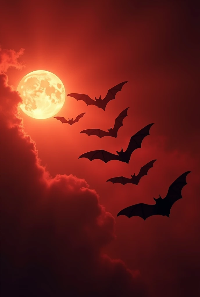 Bats on the right on a night with a reddish sky and a bright moon on the left