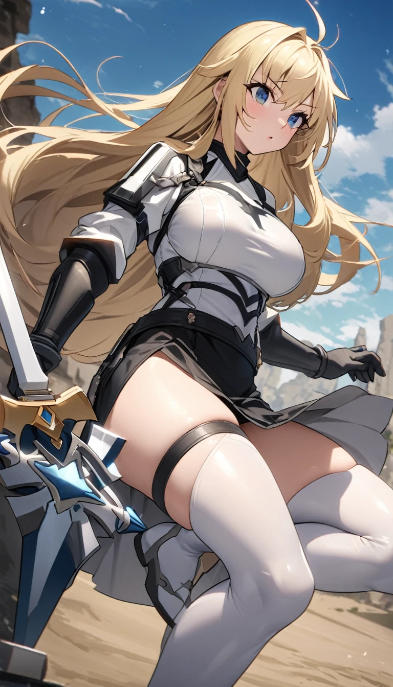 Ultra-high definition image quality、beautiful girl、Female Swordsman、Light Armor、Griepputz、Long Hair、blonde、20-year-old、Be confident々face、Very short tight skirt、Sexy posture、Cowgirl、wilderness、Highest quality,Big Ass、Big Breasts、Thighs、Grasping the hilt of the holy sword Excalibur、pure white, Exquisitely decorated panties、Take a big stride and kick your feet out to jump、Joan of Arc style clothing、Wind King Barrier、Her hair is blowing in the wind、The Sword of Promised Victory、god々I&#39;m wearing a new aura、Big Ass、Valkyrie the War Maiden、Crotch close-up、Angle from directly below
