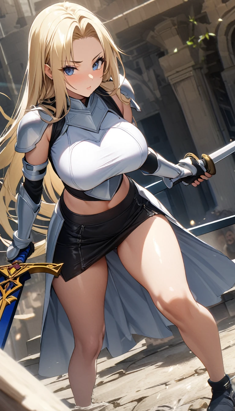 Ultra-high definition image quality、beautiful girl、Female Swordsman、Light Armor、Griepputz、Long Hair、blonde、20-year-old、Be confident々face、Very short tight skirt、Sexy posture、Cowgirl、wilderness、Highest quality,Big Ass、Big Breasts、Thighs、Grasping the hilt of the holy sword Excalibur、pure white, Exquisitely decorated panties、Take a big stride and kick your feet out to jump、Joan of Arc style clothing、Wind King Barrier、Her hair is blowing in the wind、The Sword of Promised Victory、god々I&#39;m wearing a new aura、Big Ass、Valkyrie the War Maiden、Crotch close-up、Angle from directly below