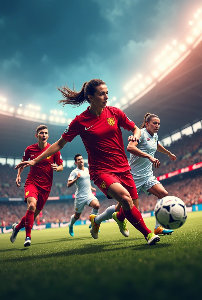 Make an advertising image, for Nike managing the sports they offer (Soccer) and sportswear