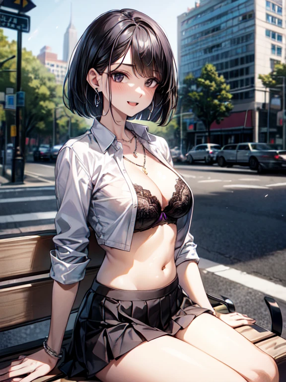 ((masterpiece, Highest quality, Very detailed)), ((natural cinematic lighting)), 

One girl, 20 years old, gal-style makeup, black hair, bob cut, swept bangs, BREAK ((black eyes:1.3)), ((big eyes, droopy eyes)), thick thighs, medium breasts, ((lots of pierced earrings, silver chain necklace, silver bracelet)), ((bare belly button, belly piercing)), 

BREAK looking at viewer, from side, 

BREAK smile, ((open mouth)), ((sitting on a bench in the city)), 

BREAK ((open white collar shirt:1.3)), (cleavage, Unbuttoned), (purple and black bra:1.3), plain black pleated skirt, micro mini skirt, 

BREAK daytime, Cityscape, huge road, crosswalk, many buildings, huge buildings, traffic lights, roadside trees lined up along the road, guardrails, 
