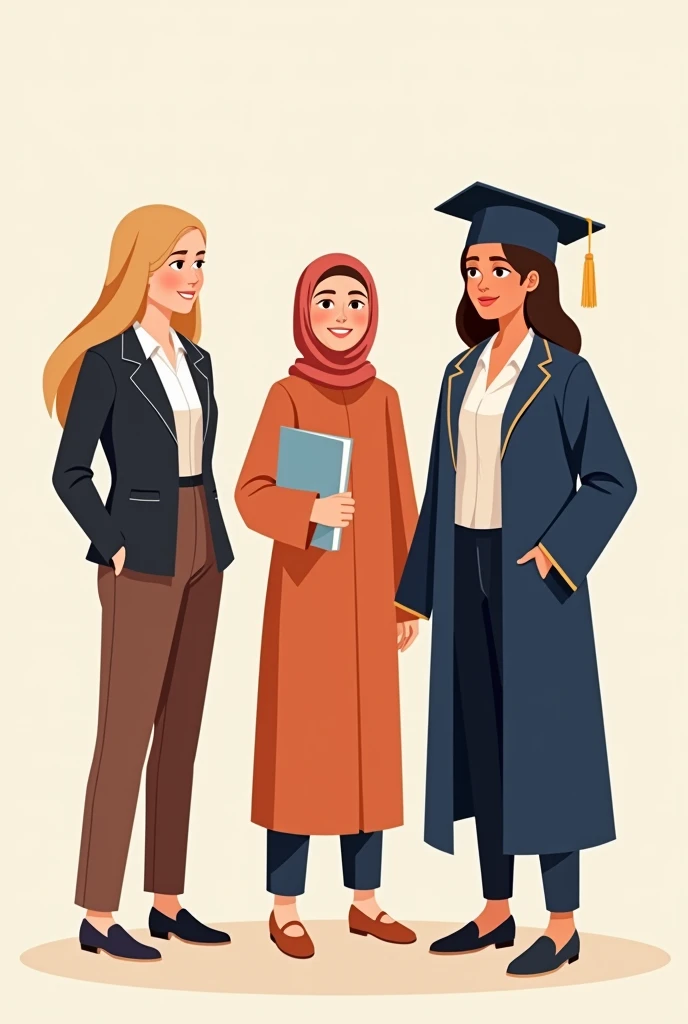 3 women cartoon,
First women is stand at right place with wear a graduate uniform 
Second women is stand at the middle with wear student uniform with hijab
And the last one is stand at left place with wear a working outfit