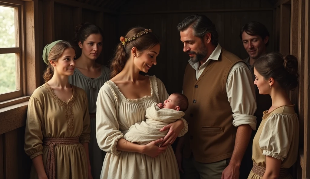 A tender scene inside a simple wooden cabin, showing Eleanor Dare cradling Virginia Dare, with John White and a few settlers looking on with joy and