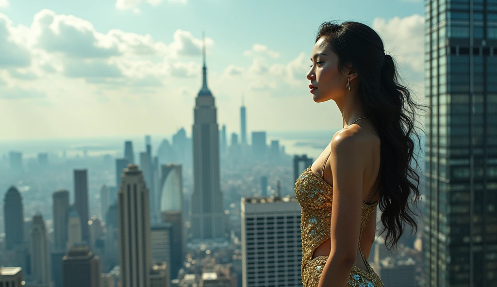 araffe sitting on a ledge overlooking a city skyline, a stock photo inspired by Mike Winkelmann, shutterstock, digital art, highly detailed giantess shot, perched on a skyscraper, giantess shot, overlooking a modern city, extremely detailed giantess shot, great view, demi rose, on top of it, giantess, sexy girl, gorgeous view