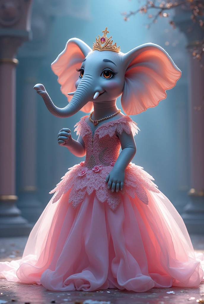 
Anthropomorphic elephant princess dressed in gorgeous princess clothes，Step onto the T stage with an elegant and dignified pace。Long nose gently curled up，It seems to be leading the audience into a fairy tale world full of fantasy.。The eyes of the anthropomorphic elephant princess are full of tenderness and wisdom，Perfectly matches the princess outfit，Show extraordinary charm。

clothing：
Made of light and transparent gauze fabric，Designed as a fluffy princess dress。The skirt is made of multiple layers of gauze，Create a dreamy layered feeling。Lace can be added to the hem、Decorative elements such as flowers or gemstones，Add some fairy tale color。at the same time，clothing的颜色以粉色、Mainly soft tones such as blue or purple，Create a dreamy and romantic atmosphere。

Shoes and stockings：
Specially made anthropomorphic &quot;elephant high heels&quot;，Although anthropomorphic elephants don&#39;t actually wear shoes，But it can be imagined as an elaborate foot decoration or a specially made hoof decoration.，To match the overall shape。则选用与clothing相呼应的颜色，Such as light pink or transparent，Showing the soft legs of the elephant princess。

Accessories：
Small crown、Pearl Necklace、宝石耳环以及手持的魔法杖或花束等Accessories，Adds a bit of princess nobility and fantasy to the overall shape。

Enhanced image quality：
Fantastic picture quality，Make each layer of yarn look light and elegant；High resolution brings out the beauty of details，Make the gorgeous dress of the anthropomorphic elephant princess more realistic；Wallpaper-level visual effects，It makes people feel like they are in a palace in a fairy tale world.；Strong realism，Let people feel the elegance and gentleness of the anthropomorphic elephant princess。