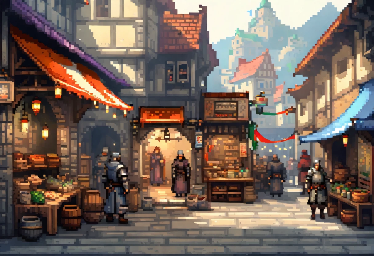 Pixel艺术, Pixel艺术场景:A bustling medieval market, Lively stalls, Vivid characters, Realistic textures, 关注每个Pixel的细节, Reminiscent of 16-bit RPG games, Shot with Nikon D3, Focal length 35mm HD 2D Pixel艺术 :: Pixel风格 :: Pixel