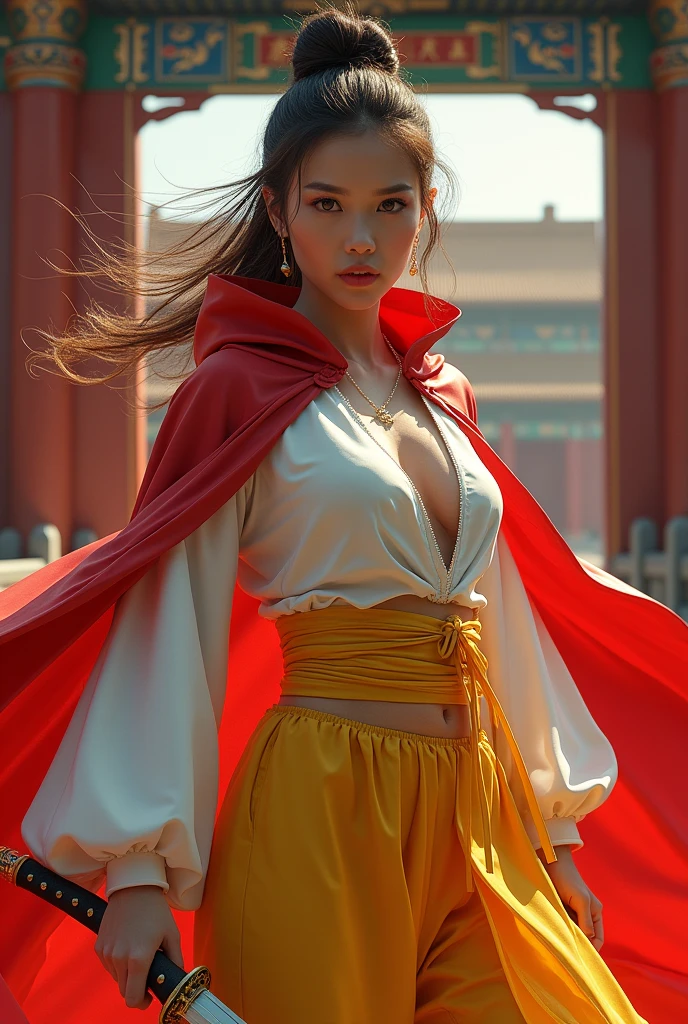(masterpiece, best quality, beauty),uhd, china female kungfu, korean beauty like tae yon, her face and full body visible, shining red eyes,, windblown hair, wear white silk yellow leather suit and wear red hoody, left hand holding china traditional sword, standing next to emperor emblem inside gate of forbiden city china, best ratio body ,uhd. use the RenderMan renderer.digital art. High definition, high contrast, high color saturation,128k,cinematic lighting, intricate,cinematic lens, advertising photograph,ultra detail.dslr,Wallpaper size