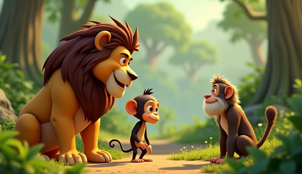 Create 3D cenametic cartoon animation of this prompt "Cut to a shot of the greedy monkey, now a reformed character
Greedy monkey thanks the lion and the wise old monkey"