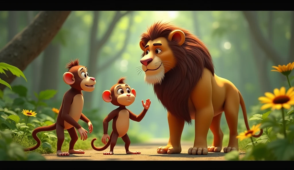 Create 3D cenametic cartoon animation of this prompt "Cut to a shot of the greedy monkey, now a reformed character
Greedy monkey thanks the lion and the wise old monkey"