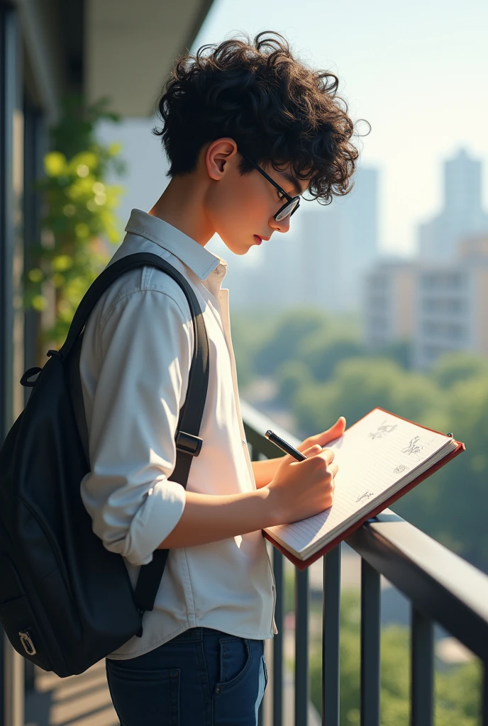 (photorealism:1.2), A student boy ,class 12 tall ,side face ,curly black hair ,glasses , white shirt dark blue pants , standing drawing in draw book , in balcony