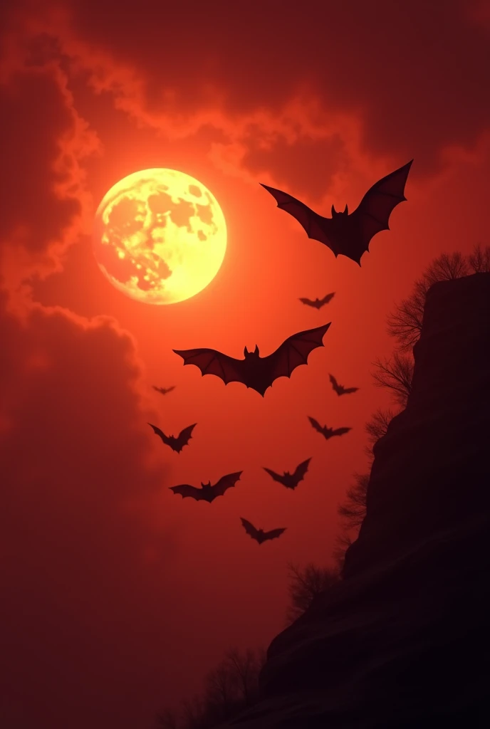 Bats on the right on a night with a reddish sky and a bright moon on the left