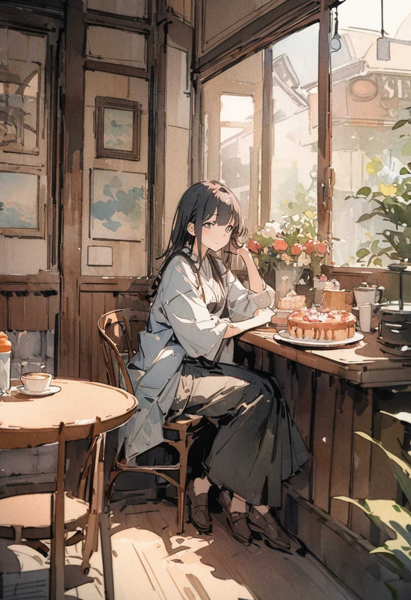 masterpiece,最high quality,Very detailed,High resolution backgrounds,8k,there is nothing,high quality,break,japanese manga style, sketch, Watercolor Colors,Cafe with a nice atmosphere,antique interior,Stylish interior,,slowly,relax,sweets, 