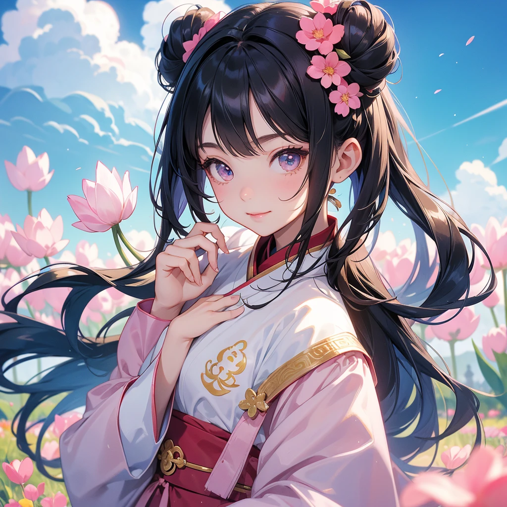 A chibi child girl had a small face and Wearing a little Taoist priest's outfit. A pair of big round eyes shone with curiosity about him. This child was so cute! her hair is black with two buns on her hair.small chibi, chibi baby, smiling ,Chibi.
Standing in the middle of pink tulip field, behind which are mountains, there are low clouds floating in the blue sky.
