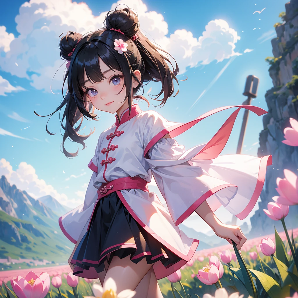 A chibi  girl had a small face and Wearing a little Taoist priest's outfit. A pair of big round eyes shone with curiosity about him. This childso cute! her hair is black with two buns on her hair.small chibi, chibi baby, smil,Chibi. 

Standing in the middle of pink tulip field, behind which are mountains, there are low clouds floating in the blue sky.