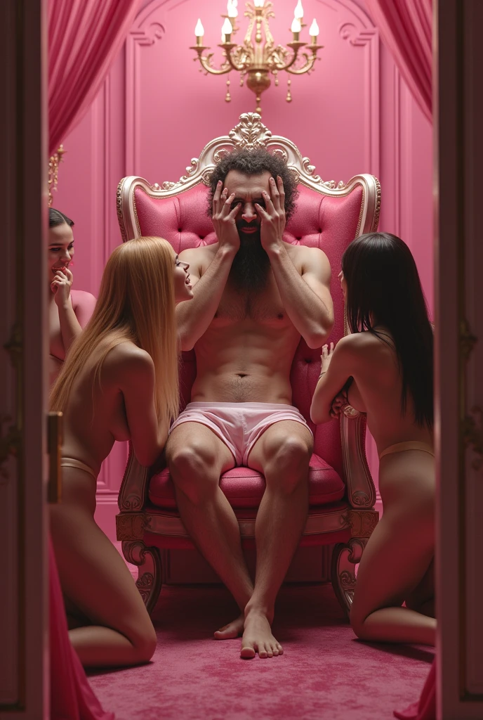 (photorealism:1.2) One large pink harem room, in which acvery skinny (((super ugly))) teenage man wearing only "underwear" with a long untrimmed beard sitting on a pink throne, he is moaning with sexual excitement and extreme pleasure, surrounded by many beautiful sexy 16-year-old blonde and redhead straight hair naked girls on their knees looking at him. The boy has his hands on his cheeks while moaning with extreme pleasure and leaning back on the throne with extended legs. Four of the girls are kissing and caressing the man.
View: The imagine is seen from the entrance of the room some feet away, with over the shoulder perspective photo,
high resolution, masterpiece, best quality, intricate details, highly detailed, Hiperrealistic