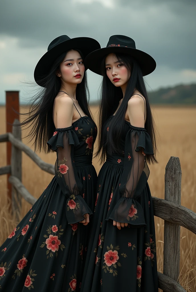 (photorealism:1.2), photo profesional beautiful woman, original photo
original photo of two 34 year old curve Asian women with long black hair, wearing hat,wearing black floral dress, black shoes, walking with savanna background, tall dry wild grass, wooden fence stretching, rusty chimney, dark clouds