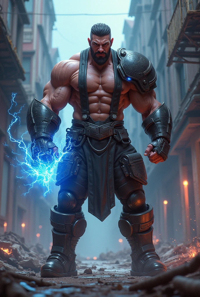 Brawler man wearing gauntlet with electric element